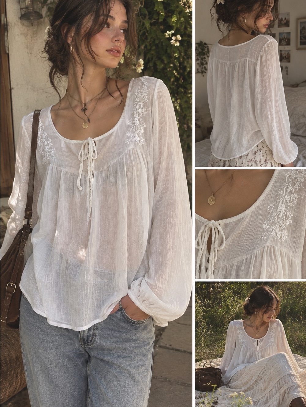 White Sheer Embroidered Peasant Top Boho Romantic Cottagecore Blouse Size Large